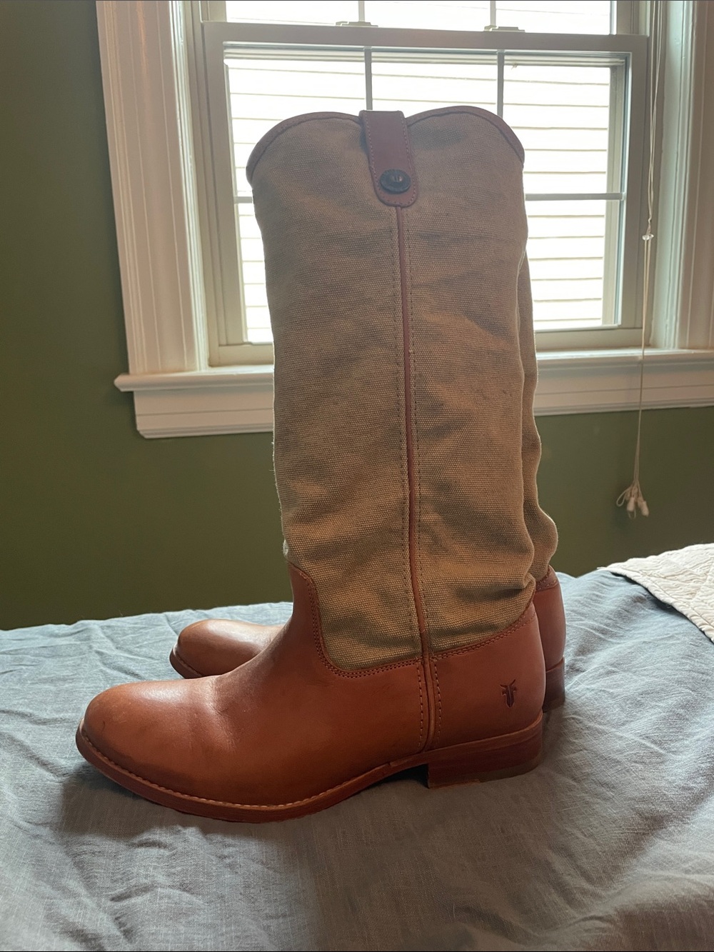 Frye Two-Tone Brown and Tan canvas & Leather Heeled Boots - Picture 2 of 6